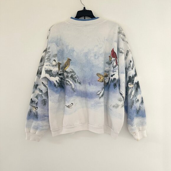 Vintage Artisans All Over Bird Print Cardigan Sweater XL/2XL Nature USA Winter - Picture 2 of 11